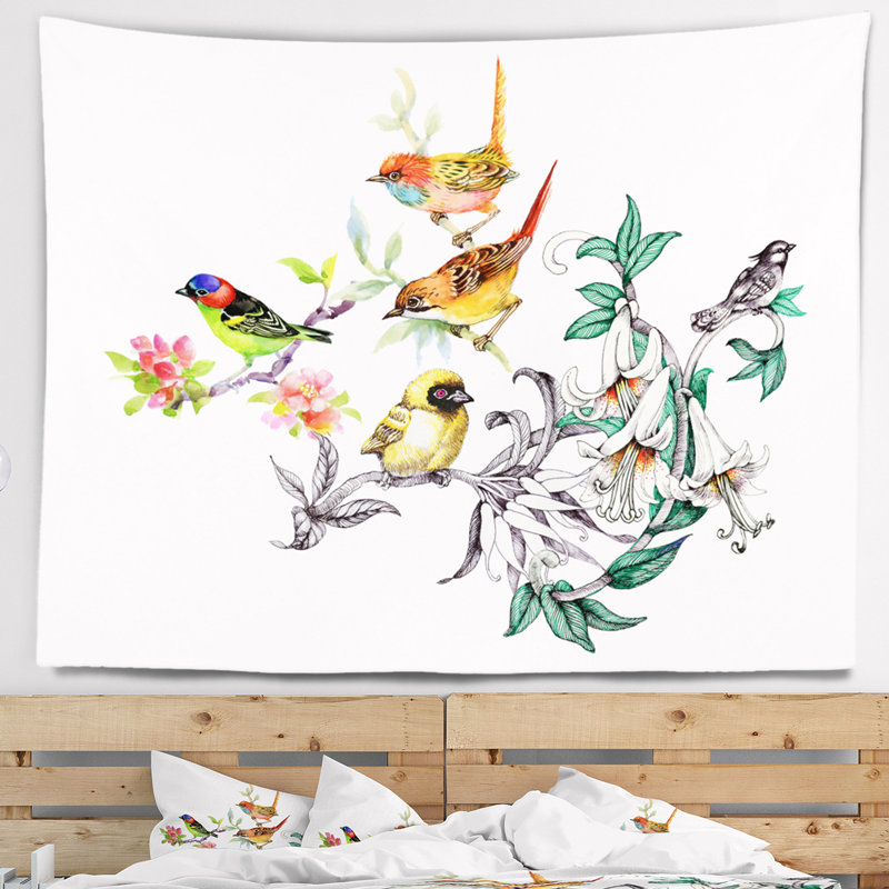 Tapisserie fleurs tropicales et oiseaux, H 32 po x l 39 po