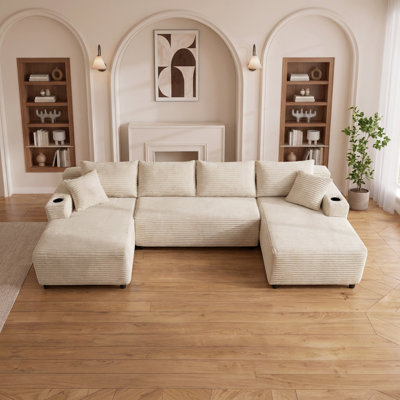 126" Modern Modular U-Shape Sectional Sofa with Double Chaise, Side Pockets, Cup Holder, Deep Seating, No Assembly Required