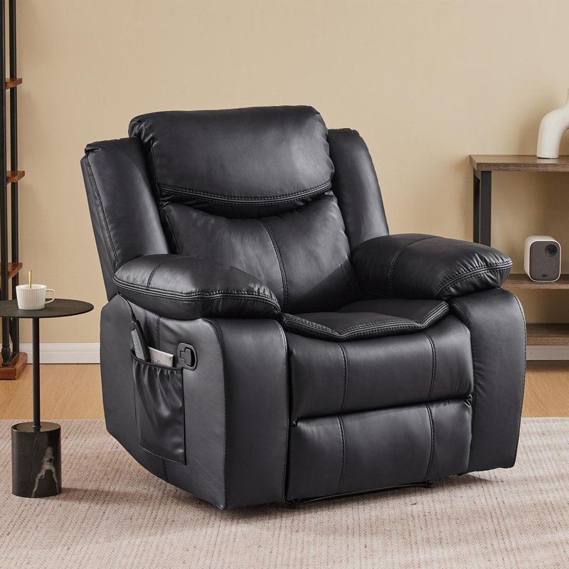 Kokal 37" Wide Modern PU Leather Soft Backrest Manual Recliner with Heat and Massage, Black