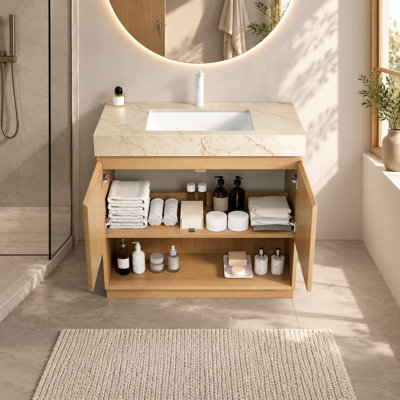 Meuble-lavabo autoportant de 91 cm avec comptoir en pierre frittée et lavabo en céramique