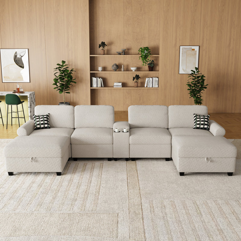 Canapé modulaire modulaire à 4 places avec porte-gobelet et rangement, ensemble de salon polyvalent, Beige Chenille