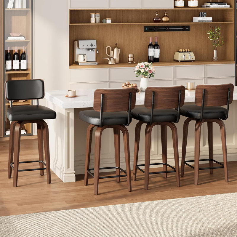 Ensemble de 4 tabourets de bar pivotants de 26 po avec dossier et pieds en bois de noyer, tabouret de bar Mid-Century pour comptoir de cuisine, tabourets de bar en similicuir