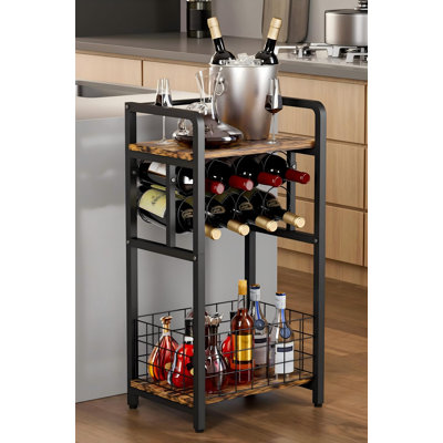 Étagère à vin à 3 niveaux avec plateau en bois, support à boissons alcoolisées avec porte-bouteilles de vin, table de bar à vin de coin pour les petits espaces, étagère à whisky en métal pour la cuisine, la cave et le salon