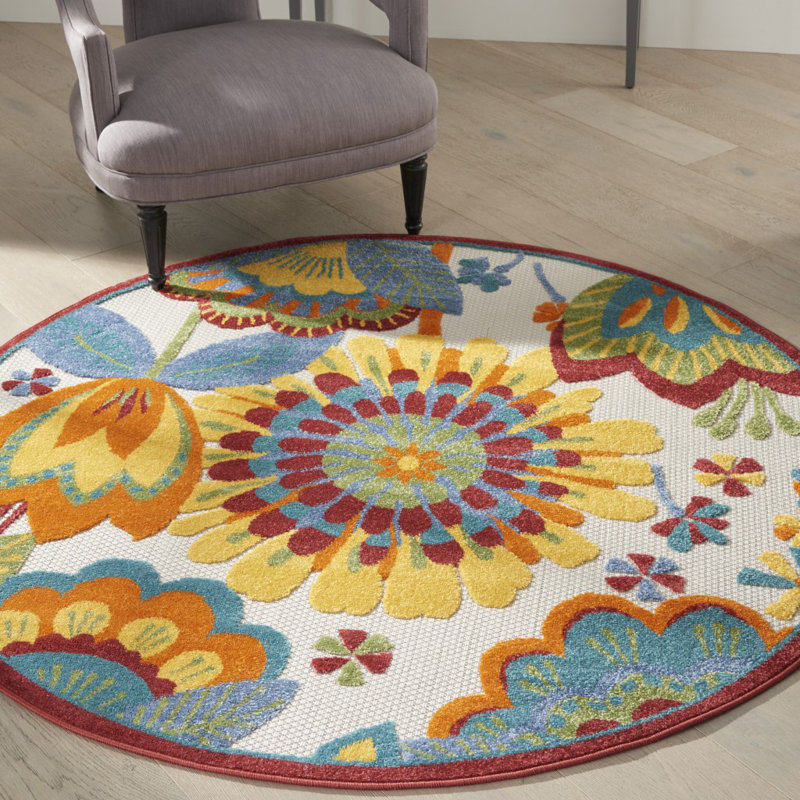 Tapis floral intérieur jaune / bleu / rouge intérieur / extérieur, Rond 7 pi 10 po