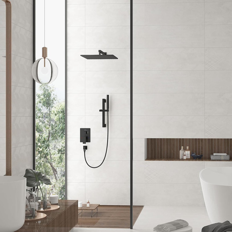 Hoimpro 2-In-1 Shower System With Adjustable Slide Bar, 12 Inch Square Rain Shower Head And Handheld Shower Wand, Wall Mounted Bathroom Shower Set