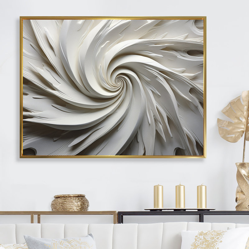 «White Majestic Motion I - Abstract Spirals», art mural encadré, Toile avec cadre flottant or, H 12 po x l 20 po x P 1 po