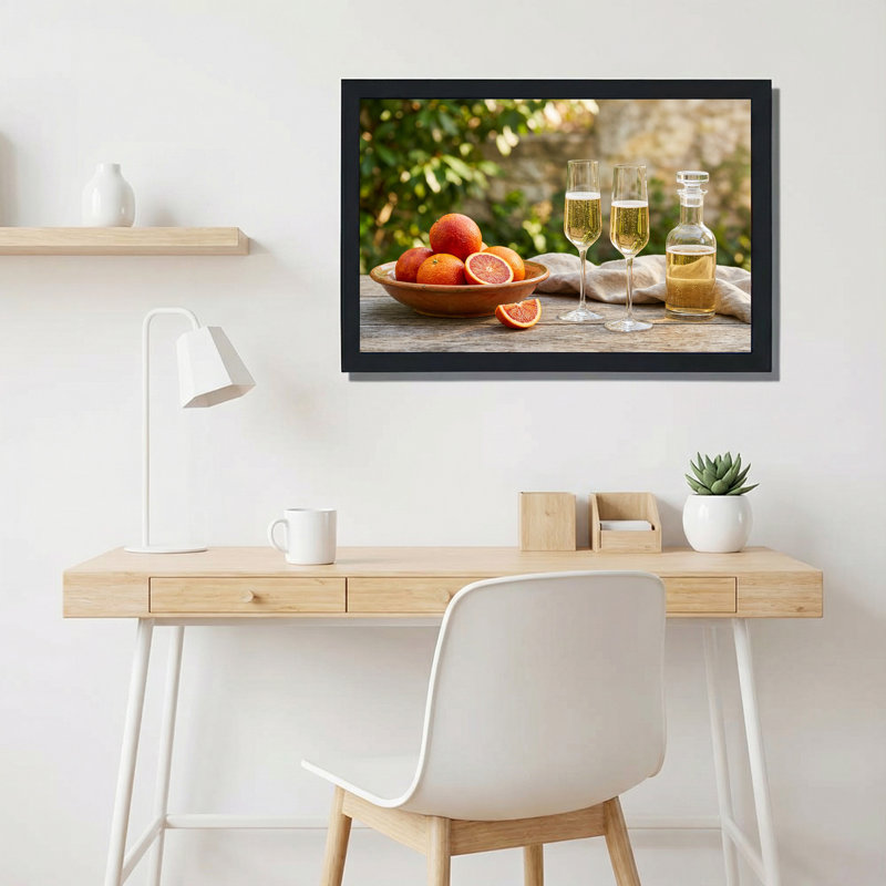 Oranges sanguines et flûtes à champagne sur une table en bois, art mural, H 24 po x l 36 po