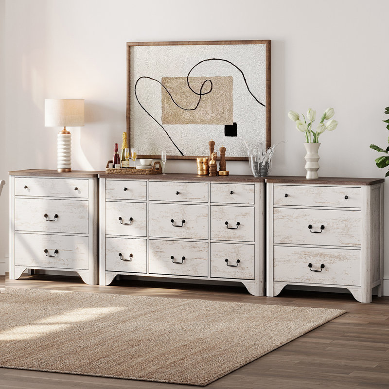 Ensemble de commode 3 pièces 116 po, commode en bois 9 tiroirs et commode 3 tiroirs Farmhouse, Blanc