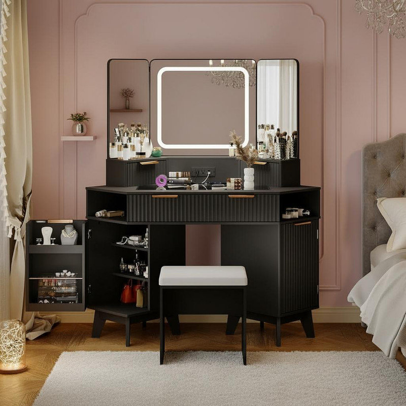 Corner Vanity Makeup Desk Natural Wood, Corner VanityTable with Glass Top, Corners Vanity Desk with Mirror and Lights and Chair, Modern Fluted Makeup VanityDesk