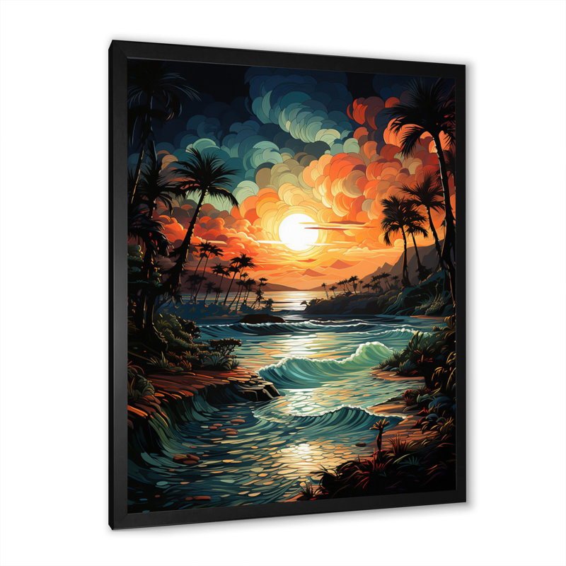 Coucher de soleil coloré sur un palmier orange coloré II, H 40 po x l 30 po x P 1,5 po, Cadre photo noir