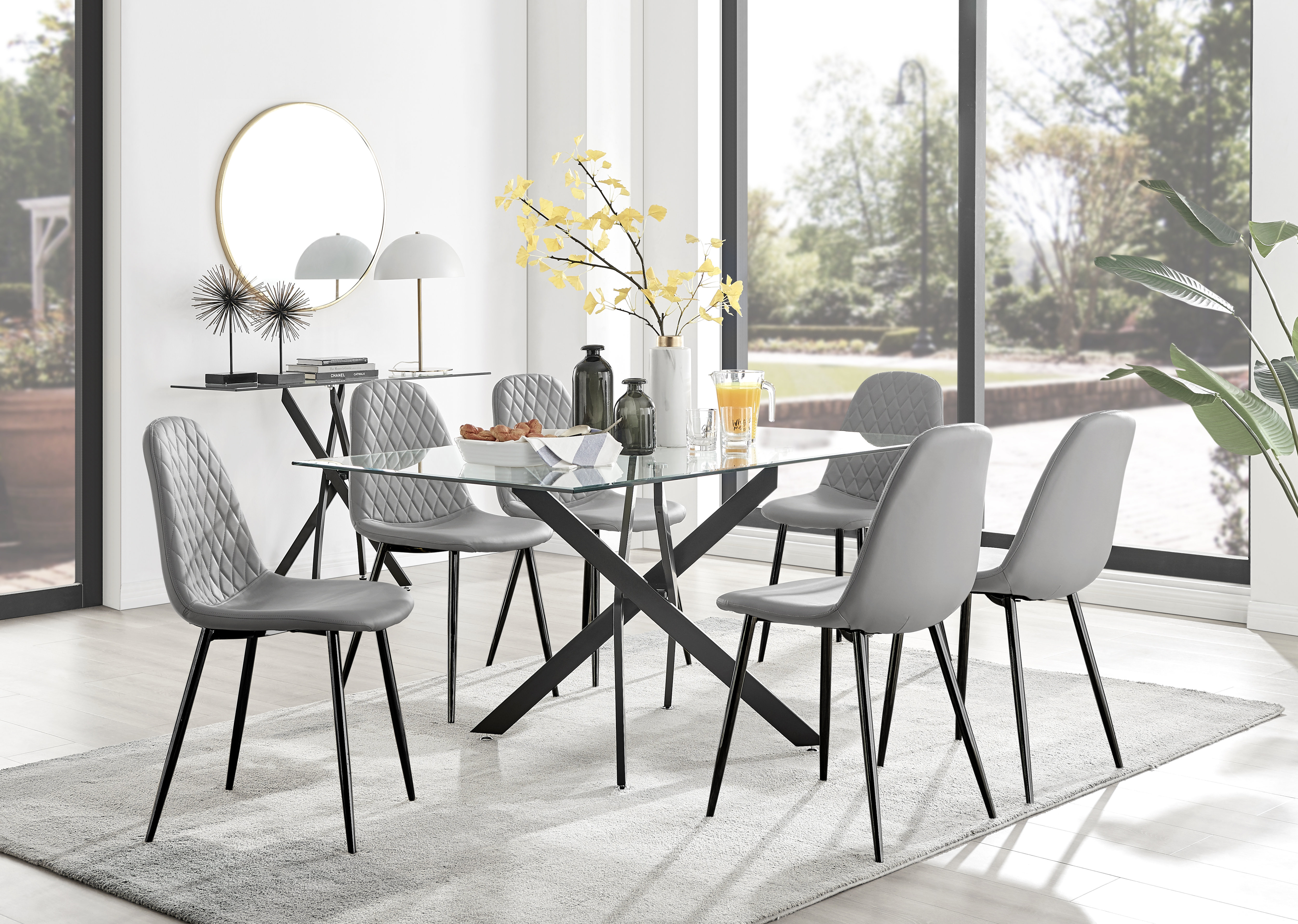 Canora Grey Lenworth Modern Black Metal and Glass Dining Table Set - x6 ...