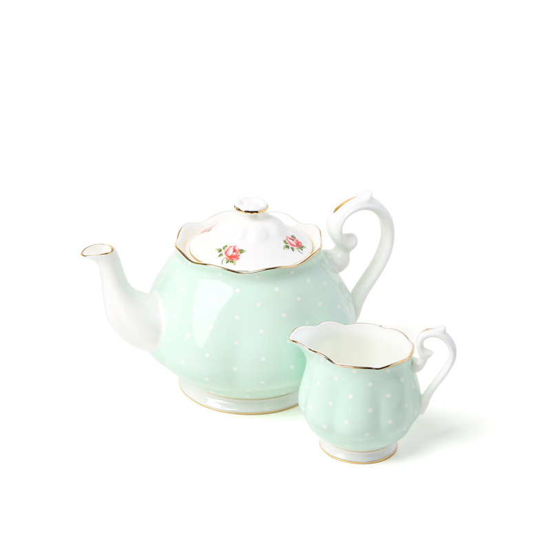 Ensemble de 3 pièces théière Royal Albert Mint Polka Rose, sucre, crème