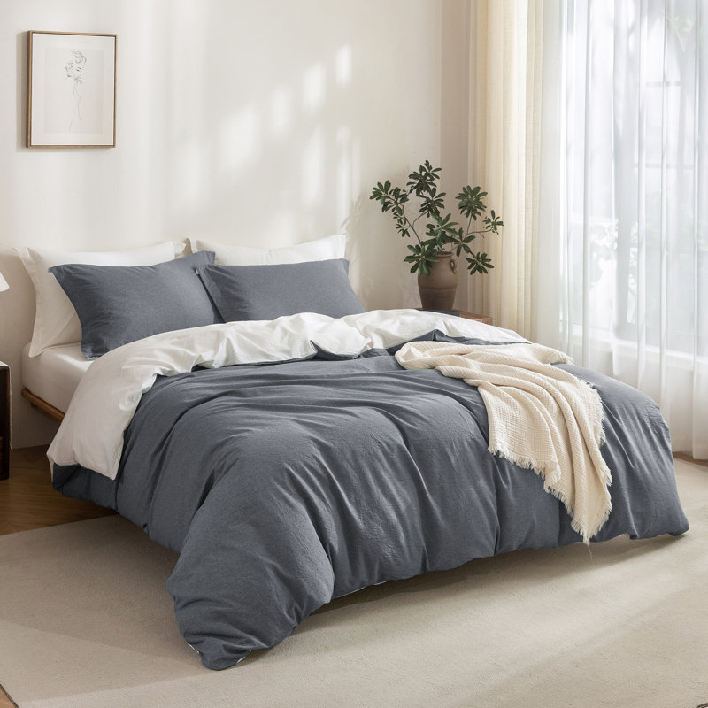 Solayne 100% Washed Cotton Duvet Cover Set with Faux Hemp Texture, Solid Color, Zipper Closure and Corner Ties, Gray 