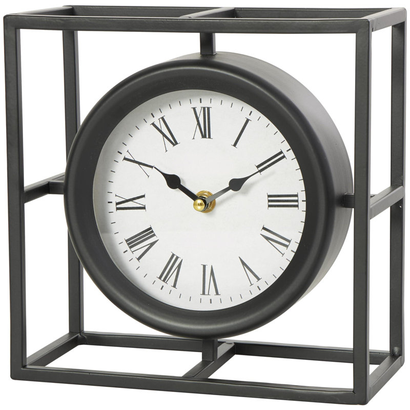 Metal Geometric Decorative Clock Mantel Clock With Open Square Frame, Tabletop Clock 9" X 4" X 9", Black