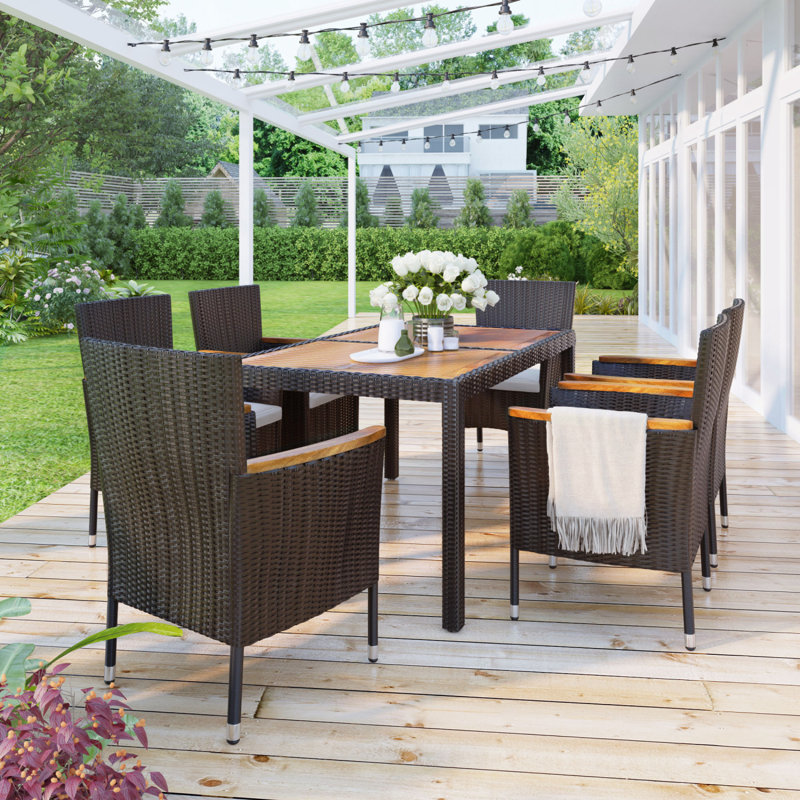 Ensemble de salle à manger de patio 7 pièces, ensemble de table et chaises de jardin en osier de rotin, plateau de table en bois d'acacia, fauteuils empilables
