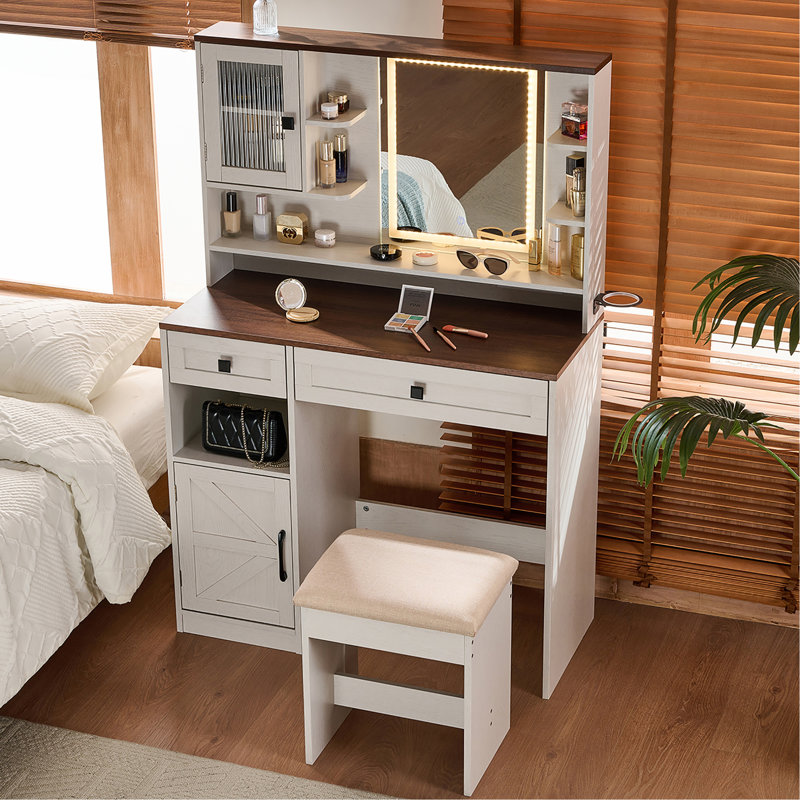Ensemble coiffeuse avec miroir et lumières Farmhouse