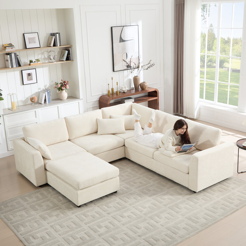 6-Piece Upholstered Sectional Sofa Modern Corner Couch With Ottoman, Beige Polyester Blend
