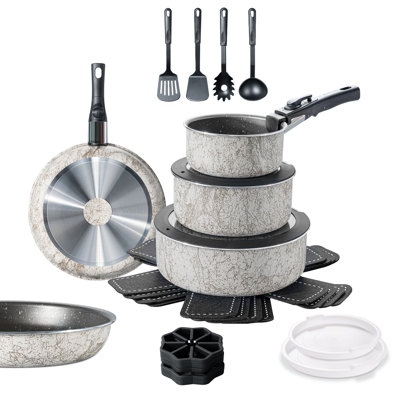 24-Piece Nonstick Cookware Set Detachable Handles, RV Cookware, White and Black