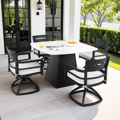 Ensemble de jardin moderne 5 pièces avec table carrée arrondie de 112 cm et 4 fauteuils à bascule pivotants : plateau en pierre frittée, pivotant à 360°