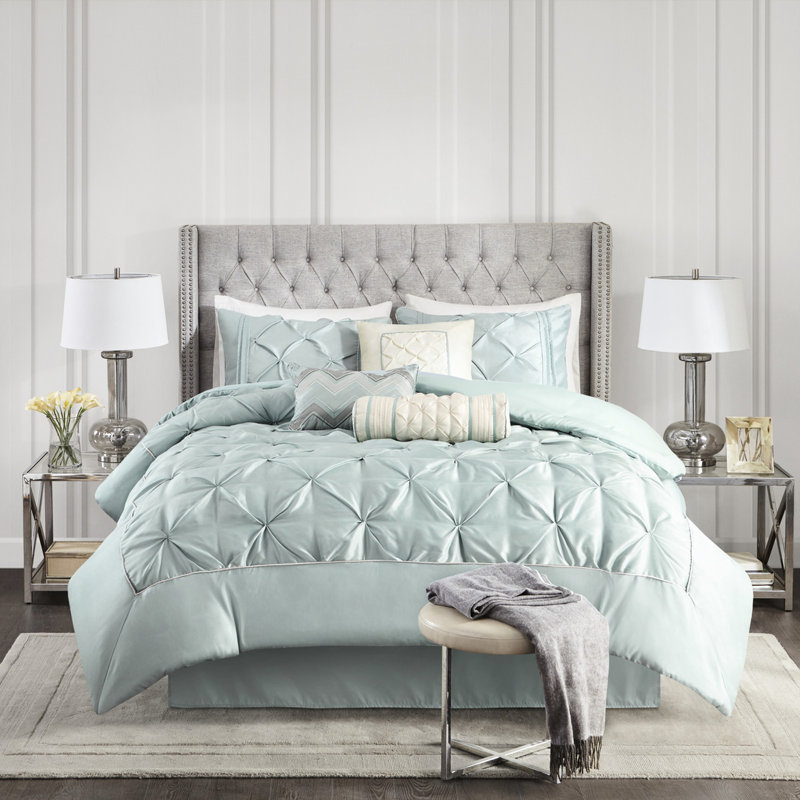 Édredon pour très grand lit 7 pièces - Ensemble magnifique avec édredon, taies décoratives, coussins et jupe de lit