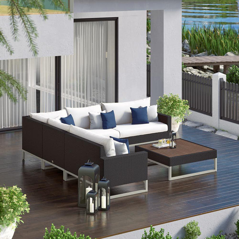 Sameko 6 Piece Rattan Sunbrella Sectional Seating Group with Cushions, Brown, Canvas Regatta Sunbrella® Canvas