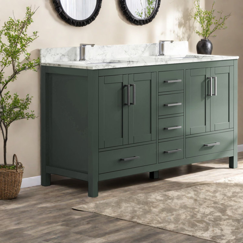 Meuble-lavabo moderne vert avec lavabo et rangement, bois d'hévéa, pour la maison
