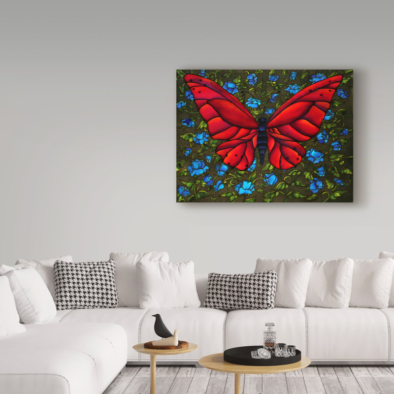 Reproduction de peinture acrylique sur toile tendue «Red on Blue Butterfly» Gulabacha, H 35 po x l 47 po x P 2 po