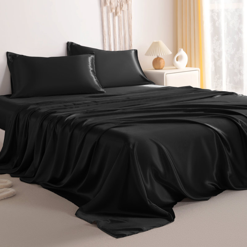 Lustrous Satin Bed Sheet Set Luxury Soft Durable, Full Sheet Set with 2 Pillowcases, Black