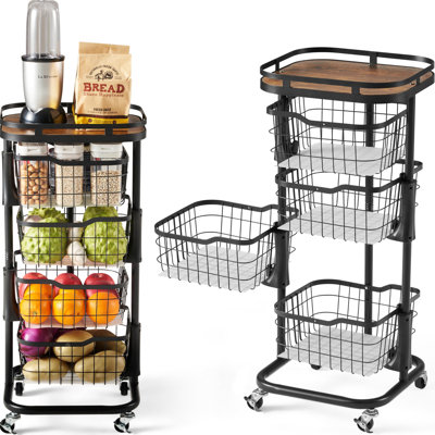 4 Tier Kitchen Vegetable Storage Cart ,Fruit Basket With Rotating Bowls, Rolling Cart On Wheels With Wire Mesh Basket,(Black & Rustic) by Rebrilliant
