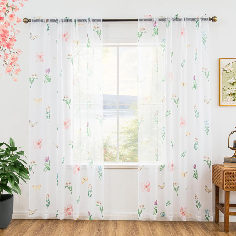 Rideaux pour salon 2 rideaux semi-transparents avec motif de feuilles de fleurs imprimé printemps printemps