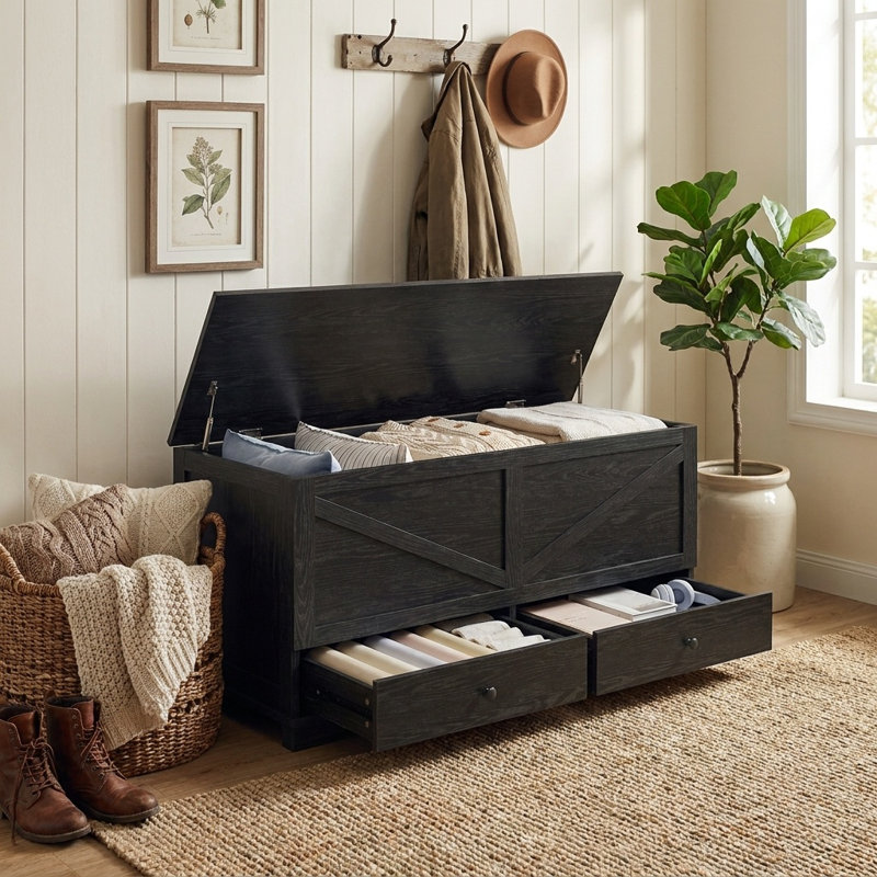 Banc de rangement Farmhouse avec 2 tiroirs en tissu, Black