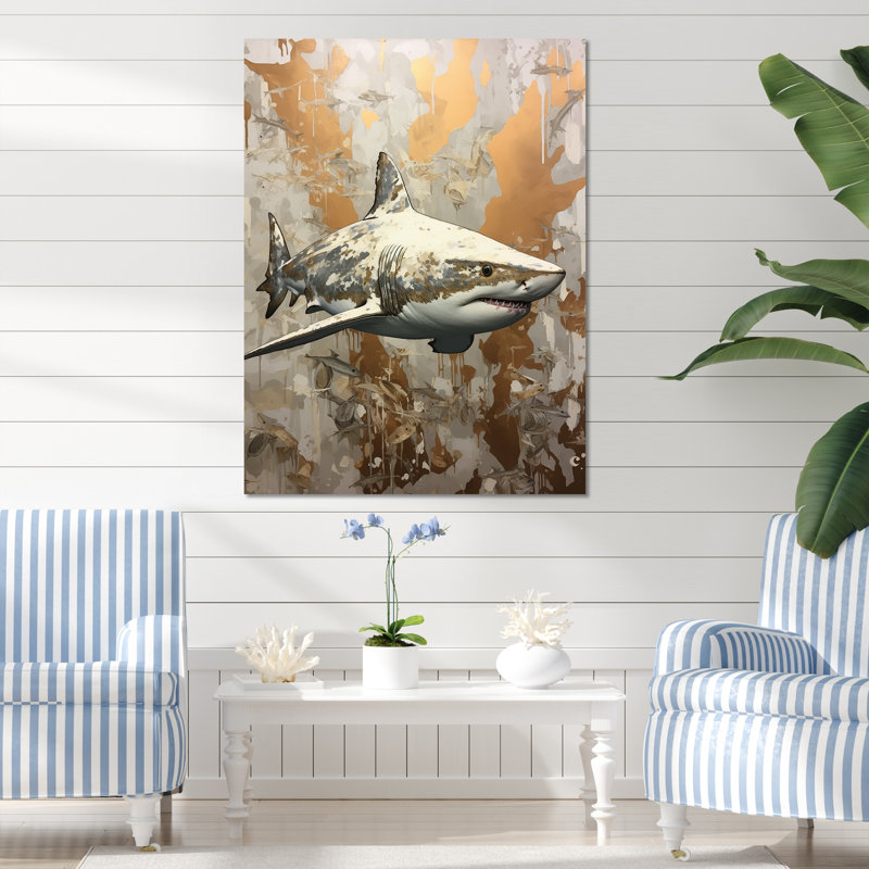 " Minimalism Shark Painting In Golden Beige II ", Wrapped Canvas, 32" H x 16" W x 1" D