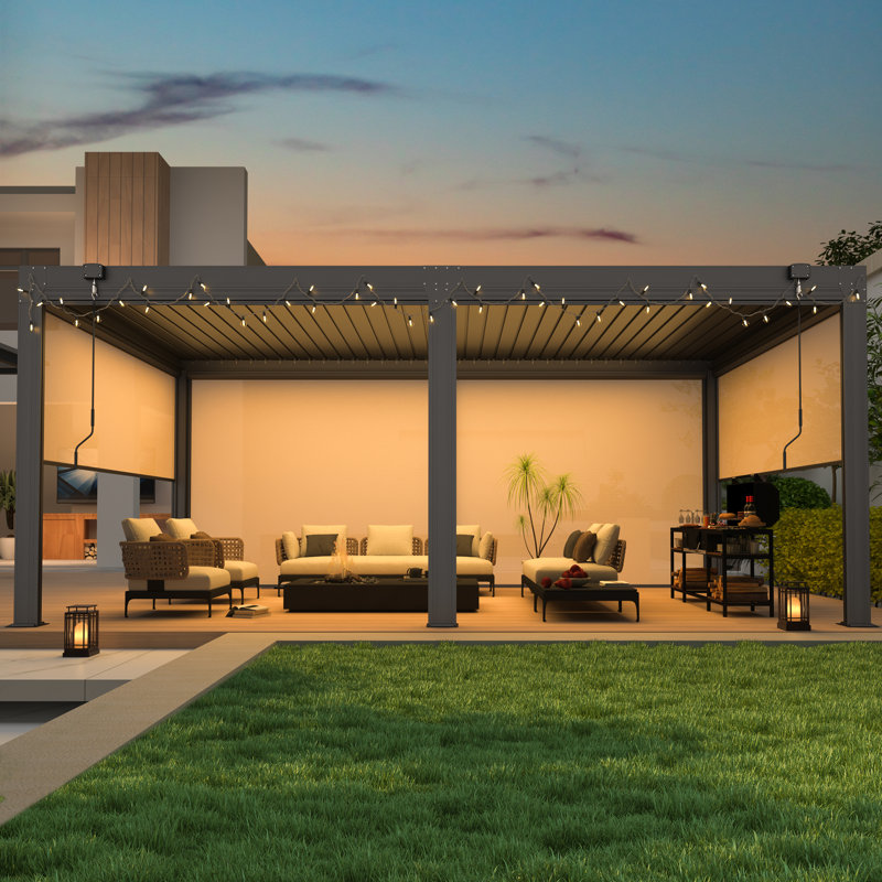 16 x 12 Ft Louvered Pergola with Pull-Down Screens, Aluminum Outdoor Gazebo with Adjustable Waterproof Roof for Patio, Deck & Hot Tub, Dark Gray
