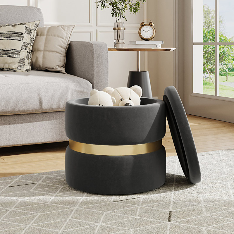 40cm Wide Velvet Cylinder Standard Ottoman with Storage, Grey