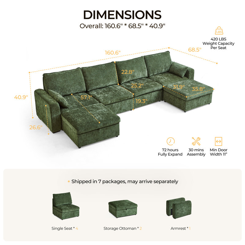 Canapé modulaire surdimensionné en chenille 6 places Olar, Chenille verte