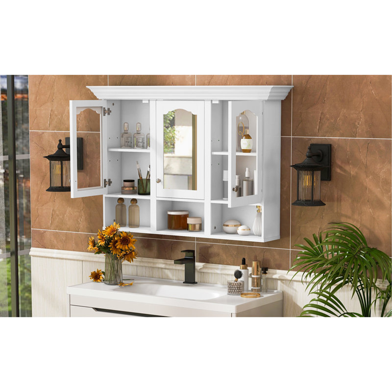 Armoire de salle de bain murale 47 "avec miroir, armoire avec 3 tablettes réglables et 3 compartiments ouverts pour la salle de bain, armoire de rangement au-dessus de la toilette avec portes en verre
