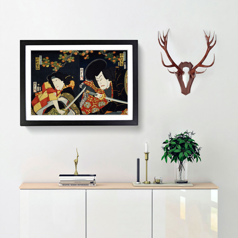 Two Actors with Samurai Swords by Toyohara Kunichika - Picture Frame Painting Print, 48cm H x 65cm W x 2cm D, Black Framed