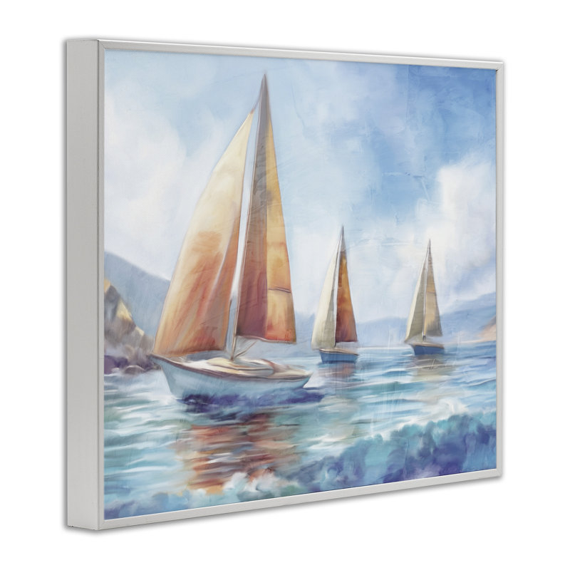 Trois bateaux à la dérive, estampe numérique par Kim Allen, Giclée encadrée blanc bord de mer, H 16 po x l 20 po