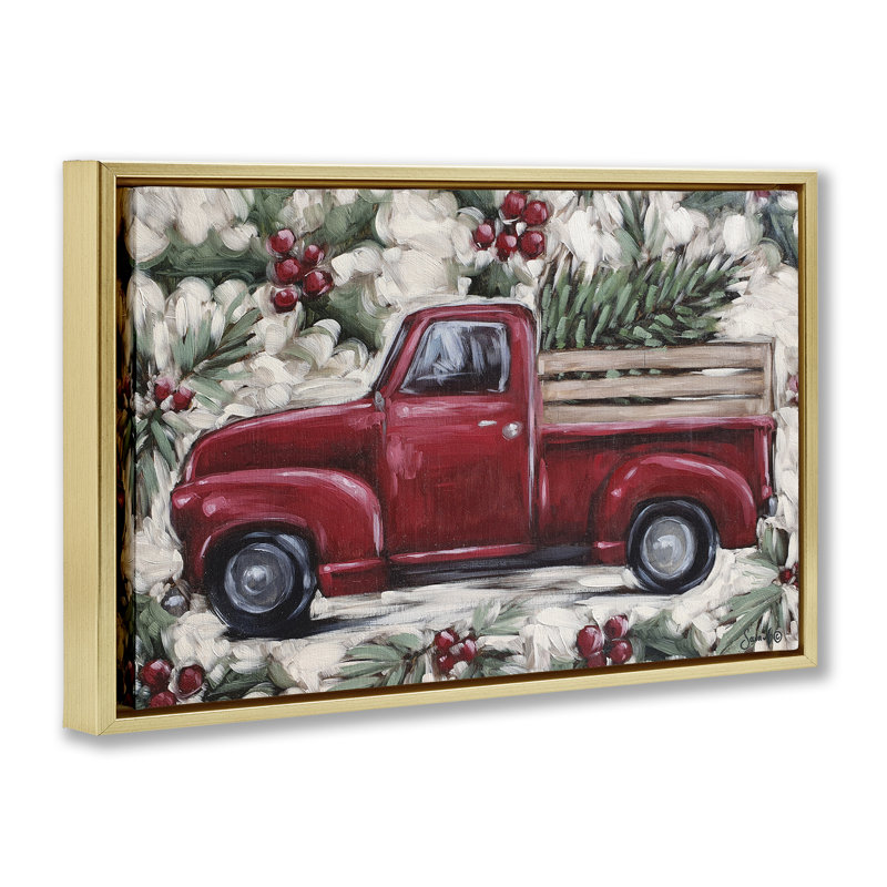 Toile flottante encadrée Pickup & Festive Holly par Sara G. Designs, Cadre flottant métallique doré, H 17 po x l 25 po
