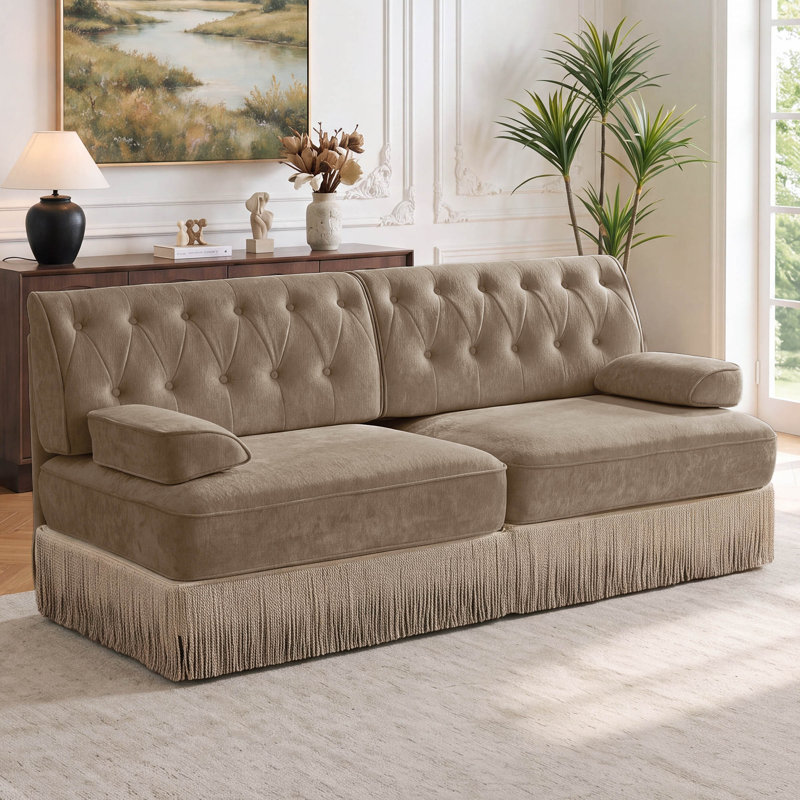 Canapé Chesterfield 76,6 po en velours avec jupe à franges, Velours brun clair, 2