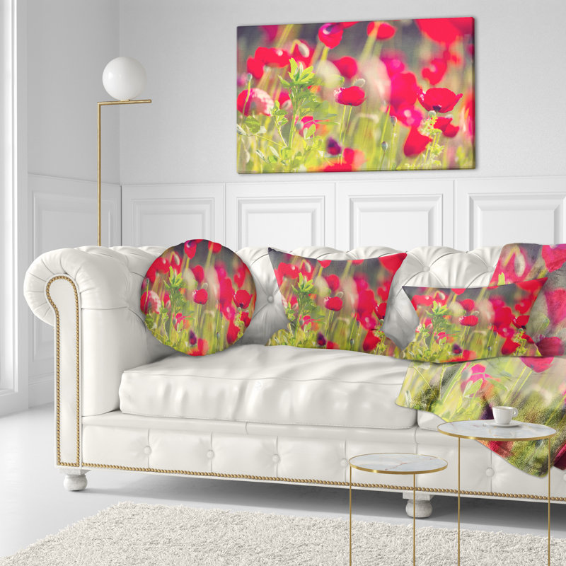Coquelicots rouges sur fond vert - coussin à imprimé floral