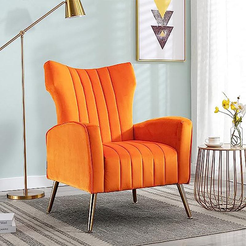 Orange Velvet Wingback Accent Chair with Gold Legs