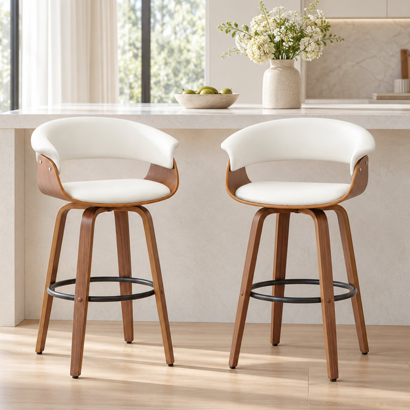 Tabourets pivotants Mid-Century rembourrés en similicuir Devlin, Blanc, Tabouret de comptoir (siège d'une hauteur de 25 p