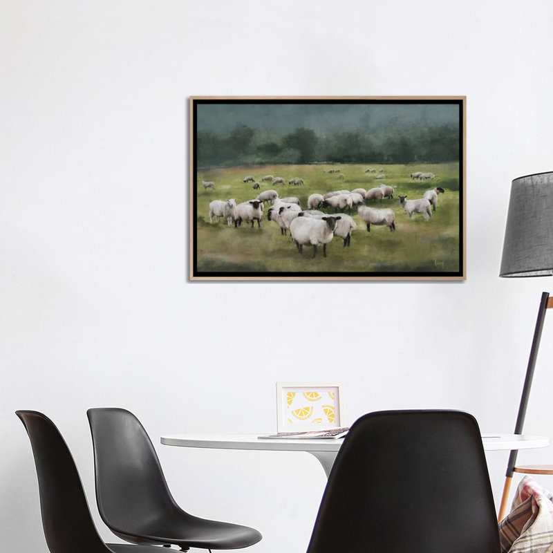 Moody Sheepscape, No Mat, 26" H x 40" W x 1.5" D, Natural Wood Floater Framed Canvas
