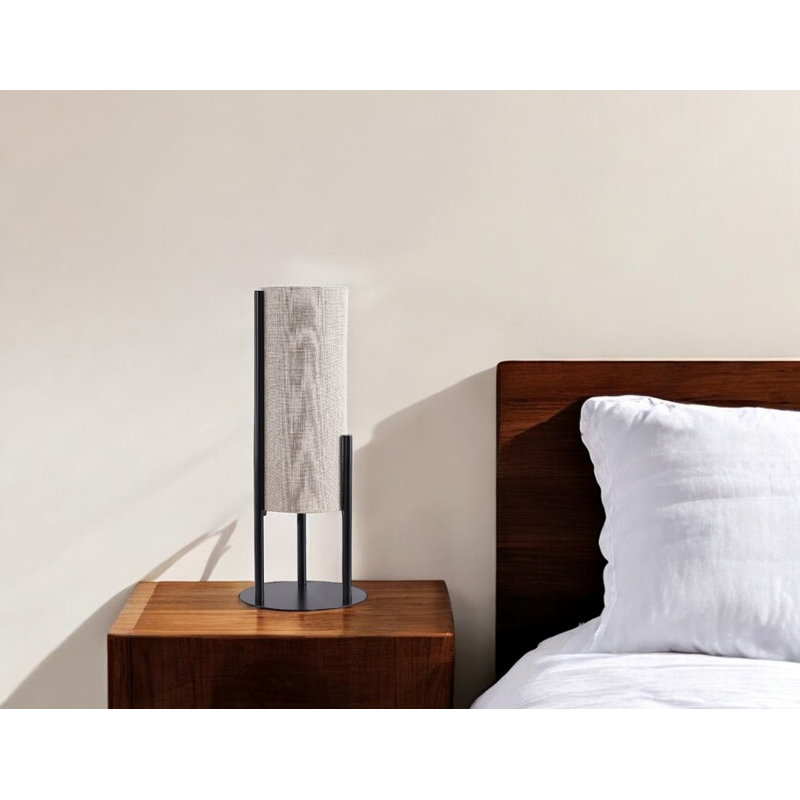 22" Black Metal Bedside Lamp With Beige Cylinder Shade