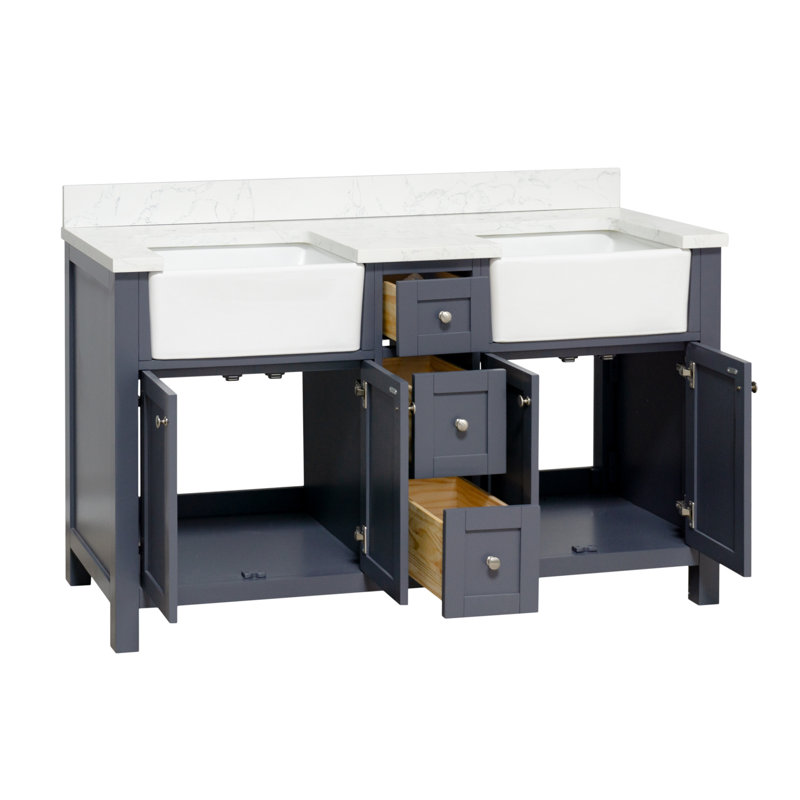 Yorkshire 60'' Double Bathroom Vanity with Engineered Stone Top, Marine Gray