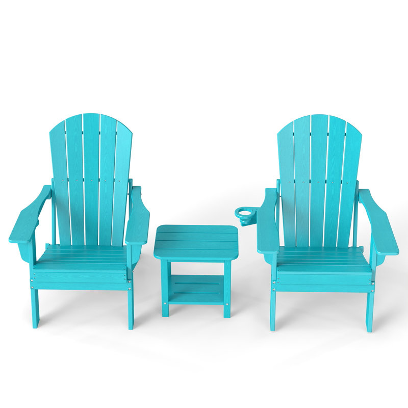 3-Piece Outdoor HDPE Adirondack Seating Set – 2 Foldable Patio Chairs With Cup Holders & 2-Tier End Table, All-Weather Poly Lumber Furniture For Porch, Backyard, Deck & Pool Area