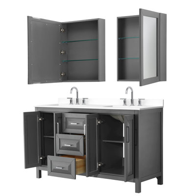 Meuble-lavabo double 60 po Daria gris foncé, comptoir en marbre de culture blanc, lavabos carrés encastrés (3 trous), garniture en chrome poli, armoires à pharmacie