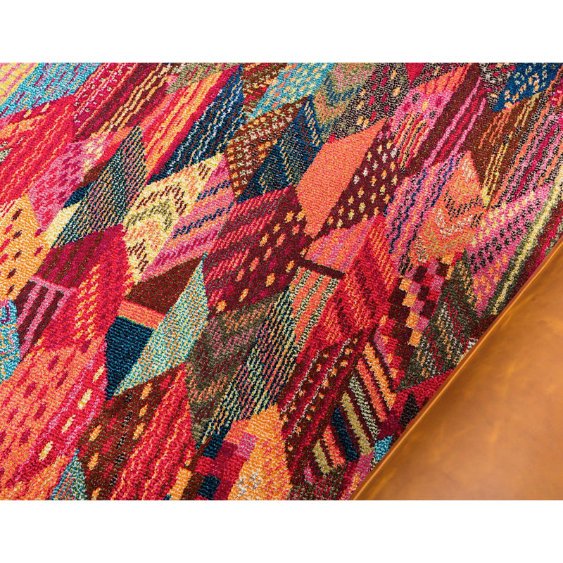 Tapis à motif géométrique rouge / bleu / jaune Sierra, Rectangle 7 pi x 10 pi