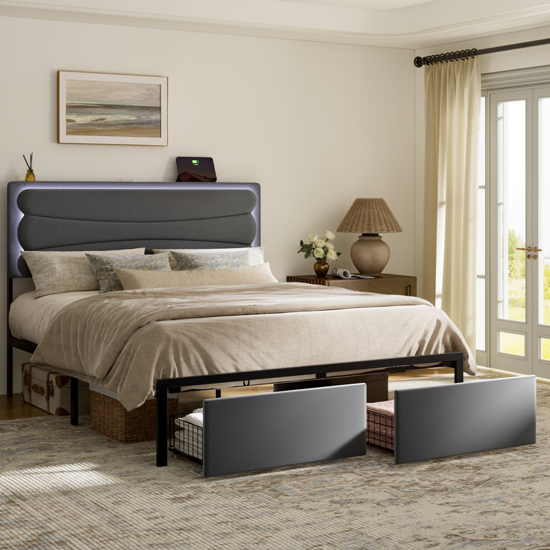 Lit double tapissier avec 2 tiroirs de rangement, lit de rangement en velours avec lumière DEL et station de charge, Complète